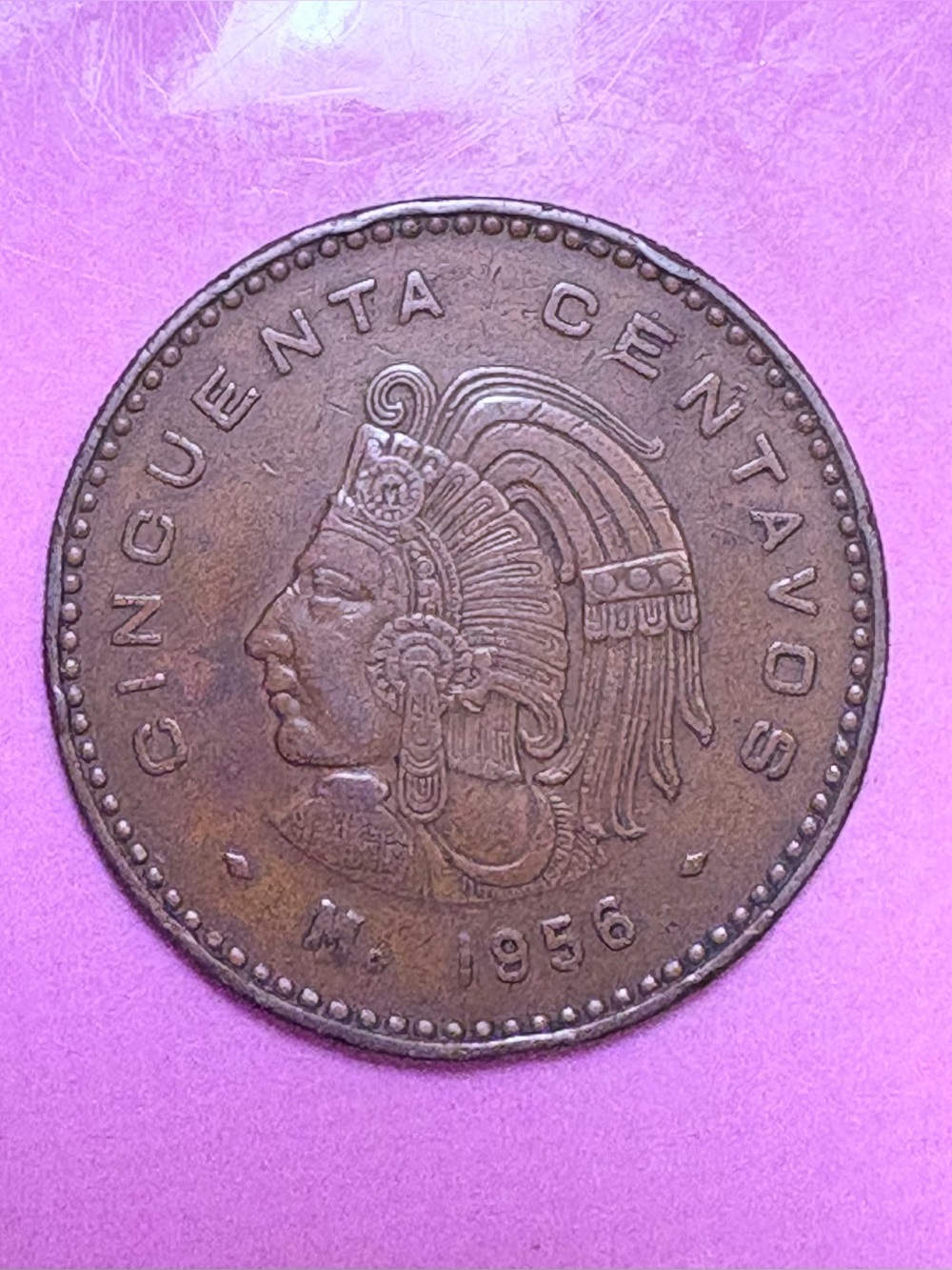 Vintage 1956 Cincuenta Centavos Decorative Coin - Brown Patina
